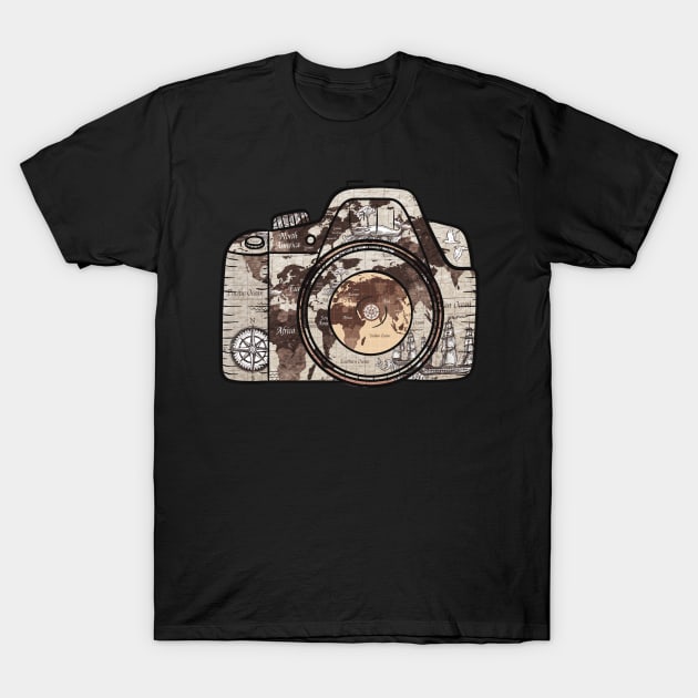 A Aesthetic Art Of Camera In Camoflague Art Of Map On It T-Shirt by mangobanana